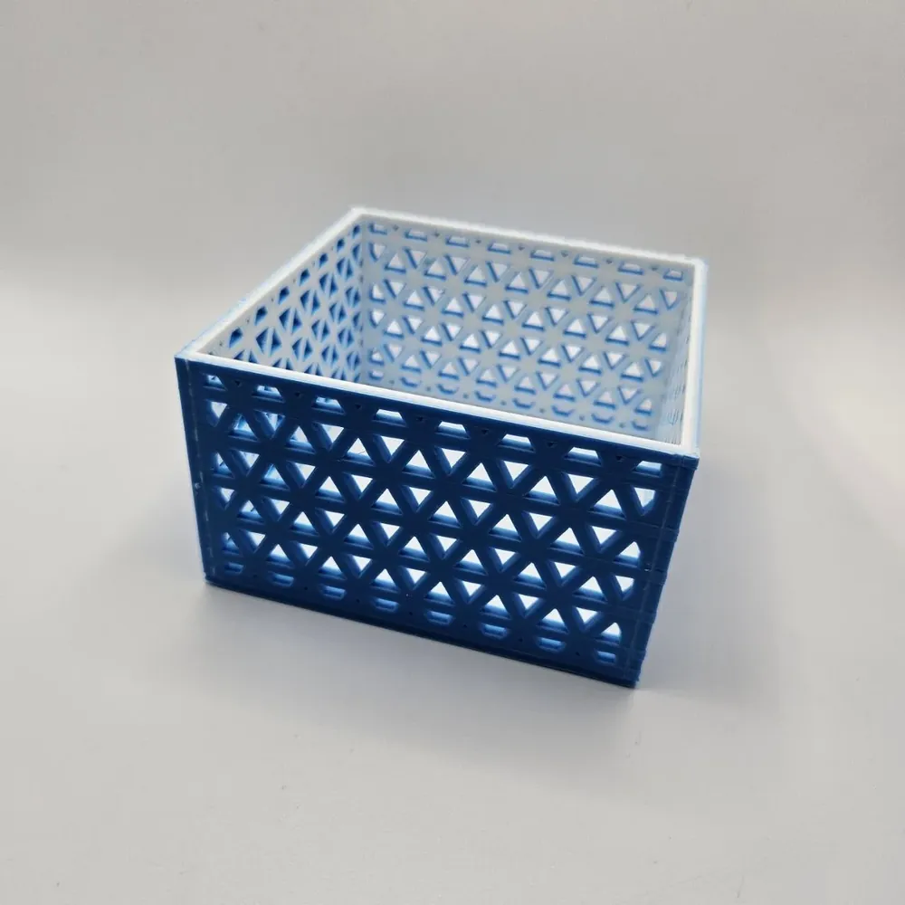 3D printed lattice box with geometric pattern in blue and white PLA