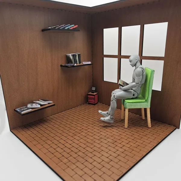 Laser-cut coffee shop diorama with floating shelves and quad windows
