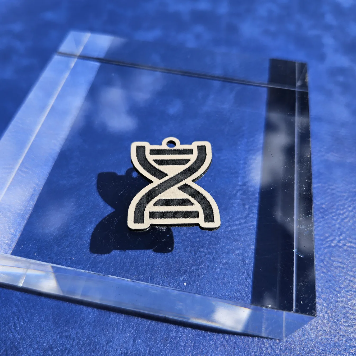 Black and white layered DNA double-helix keychain charm by Sofia Reyker, made with MyLaserTools.