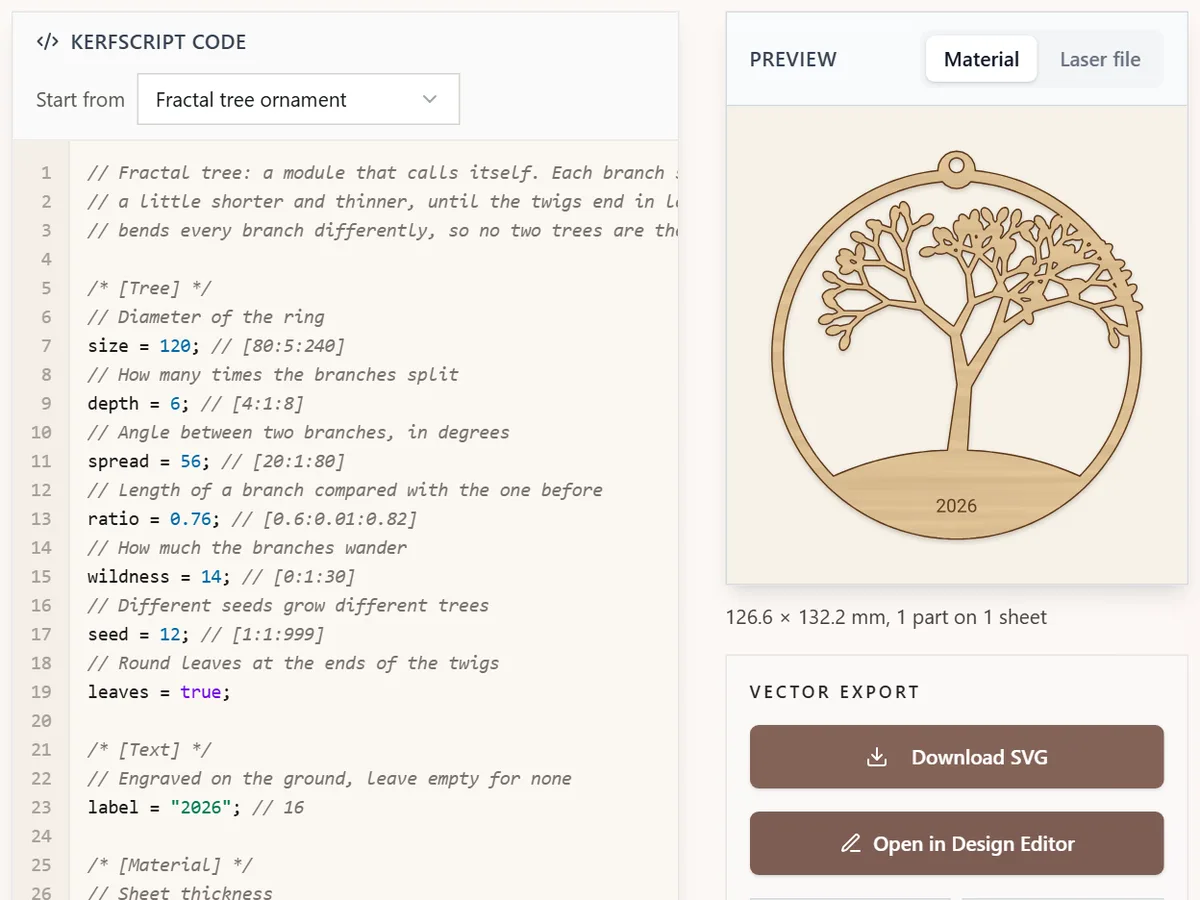 The KerfScript Playground with the fractal tree example: highlighted code on the left and the plywood ornament it makes on the right